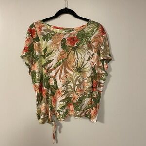 J. Jill‎ Love Linen 100% Green Floral Tie Hem Short Sleeve T Shirt Top Size XL